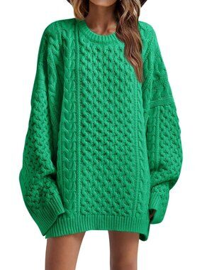 Women's Green Oversized Sweaters Chunky Cable Knit Tunic Long Winter Sweater